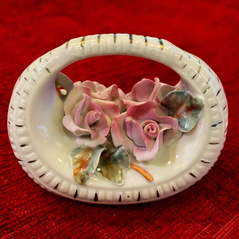 VTG Alba Iulia Romania Porcelain Flower Basket - Hand-Painted Roses